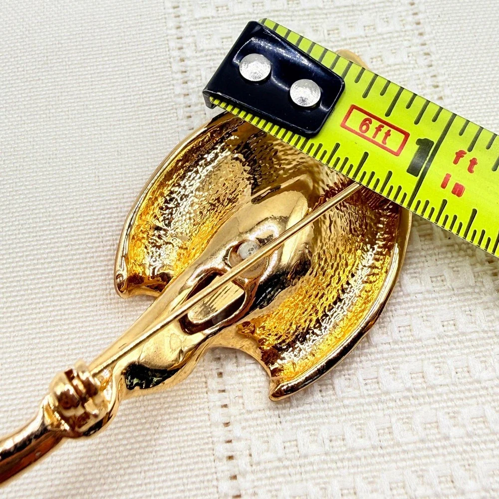 Vintage Floral Peace Lily Orange Rhinestone Center Matte Gold Tone Pin Brooch